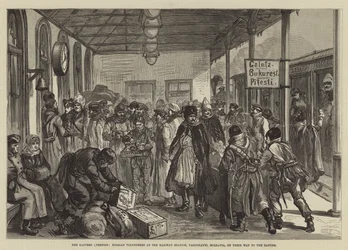 La cuestión oriental, voluntarios rusos en la estación de tren, Paschkanyi, Moldavia, en su camino al Danubio